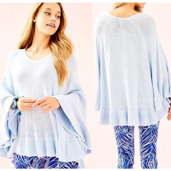 Lilly Pulitzer Eilena Wrap Poncho Sweater Ruffle Trim Light Blue Womens XXS/XS - Picture 1 of 8